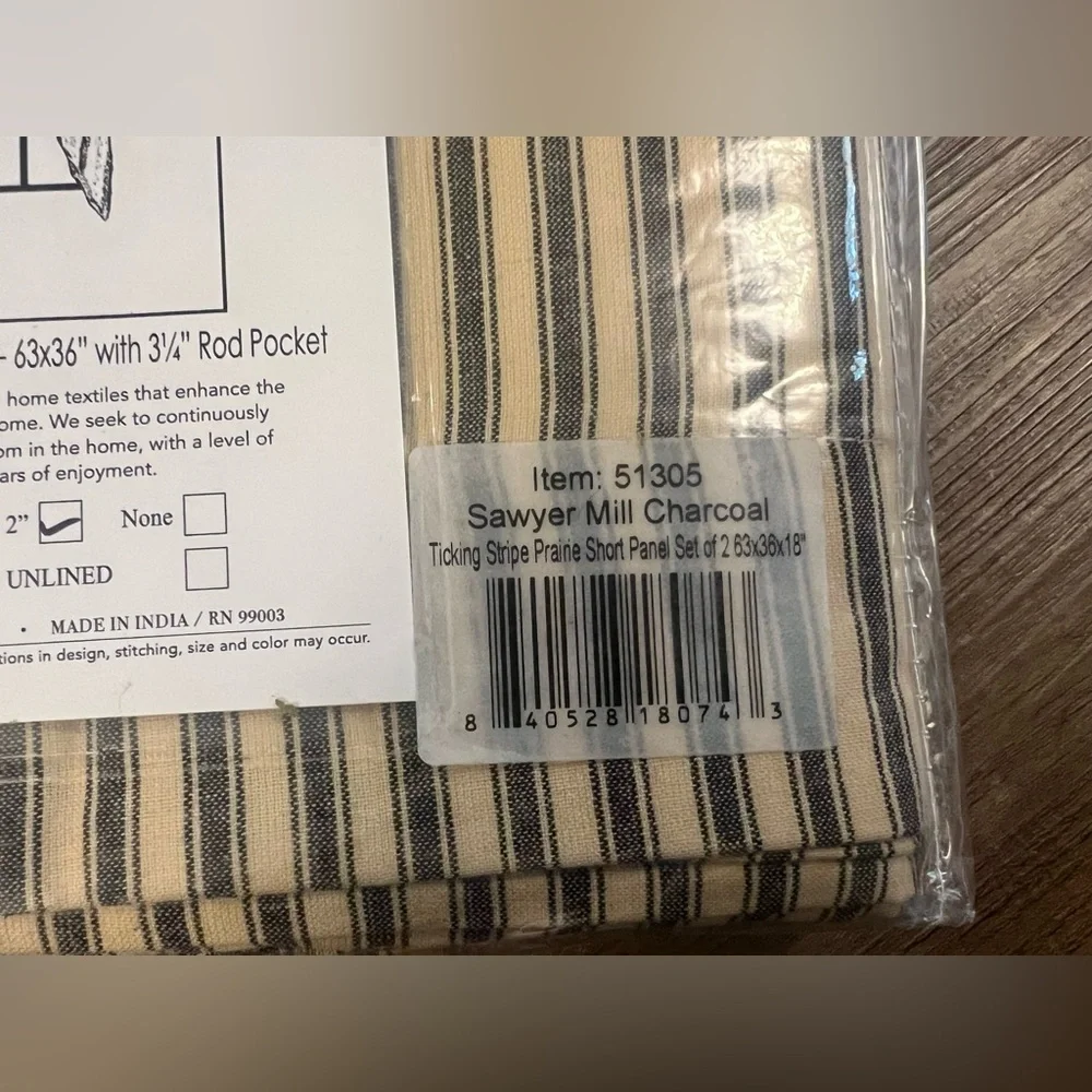 VHC Brands Sawyer Mill Charcoal Ticking Stripe Short‎ Panel Set 63x36 inches